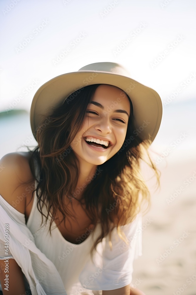 Wall mural happy beautiful young woman smiling at the beach side. delightful girl enjoying sunny day out. healt