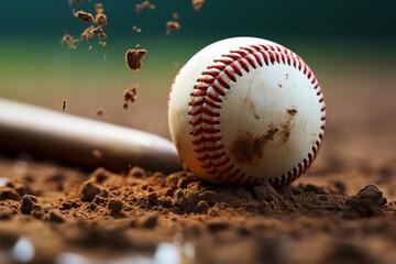 Baseball ball and bat on the ground. Close-up.