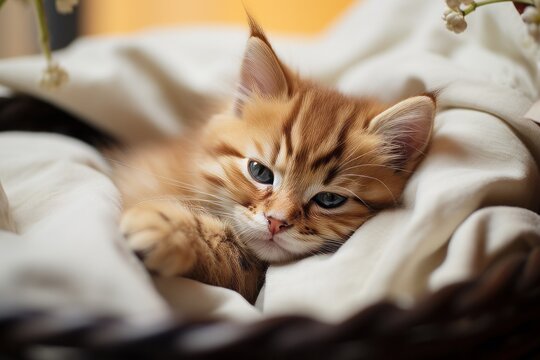 Cute ginger kitten sleeping in a wicker basket on a bed
