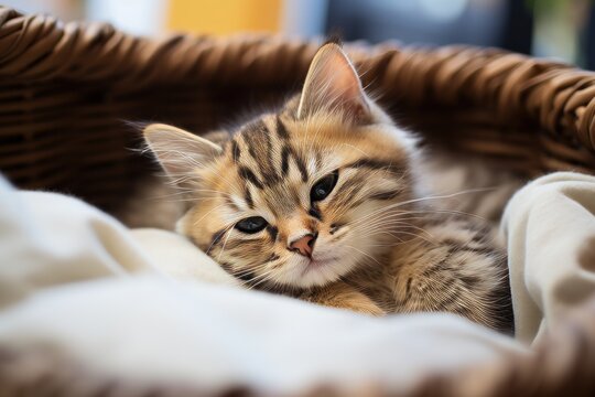 Cute ginger kitten sleeping in a wicker basket on a bed