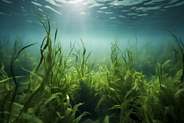 Underwater view of a group of seabed with green seagrass, Generative AI