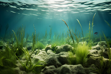 Fototapeta na wymiar Underwater view of a group of seabed with green seagrass, Generative AI