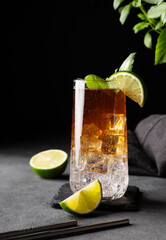 Coffee brew with tonic, ice and lime in a tall glass on a dark background with citrus fruit and...