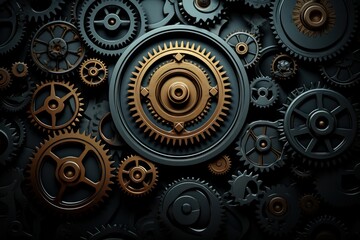 Gears and cogs on a dark background. 3d rendering