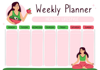 Weekly planner - healthy lifestyle, proper nutrition, meditation. . Planning for the week in pink and green tones. vector illustration