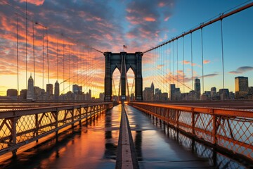 Brooklyn Bridge and Manhattan skyline at sunset, New York City. - obrazy, fototapety, plakaty