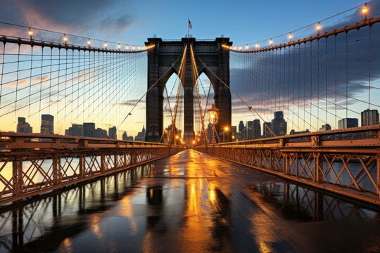 Brooklyn Bridge in New York City at sunset, United States.