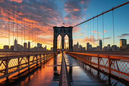 Fototapeta Brooklyn Bridge and Manhattan skyline at sunset, New York City.
