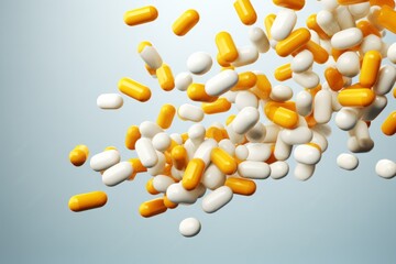 3d render of yellow and white pills falling on blue background.