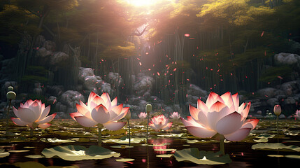 Lots of lotus flowers in various colors in the wide pond. Beautiful light in nature