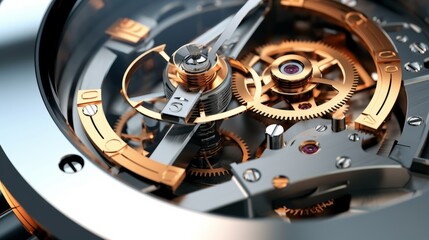 Closeup of the mechanism of a luxury watch. 3D rendering