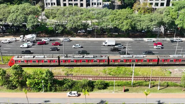 Collective Transport At Downtown Sao Paulo Brazil. Train Station Downtown Sao Paulo. Business Sky Clouds Downtown Cityscape. Business Outdoors Downtown District Up Above.