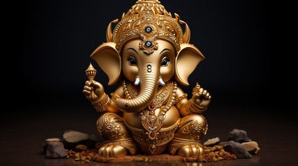 Cute Golden Ganesha God - Divine Hindu Deity Statue Symbolizing Spirituality, Icon of Faith and Worship
