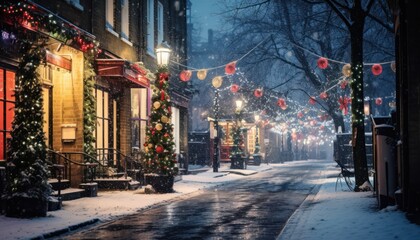 Fototapeta na wymiar Photo of a festive city street adorned with Christmas lights and decorations