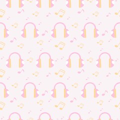 Music headphones seamless pattern and keynote with light pink background.