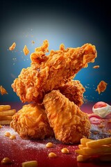 Fried chicken legs with french fries and sauce on a blue background