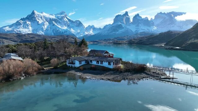 National Park At Torres Del Paine Puerto Natales Chile. Forest Landscape Torres Del Paine Puerto Natales. Patagonia Cityscape Outdoor Glacier. Outdoor Drone View Outdoor Snow Covered Skyline.