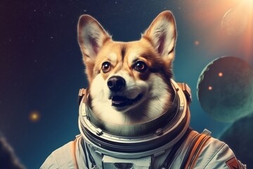 Portrait of a cute corgi dog in astronaut helmet against space background.