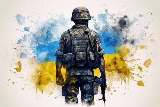 Ukrainian soldier with machine gun stands against background of national flag high quality 2D illustration