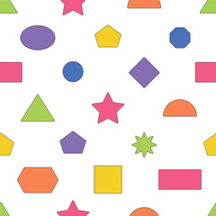 Seamless Pattern With Geometric Figures. Repeated Design Of Squares, Circles, Or Triangles, Star, Rectangles