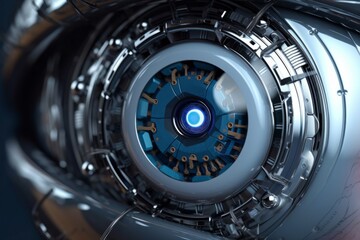 3d rendering of a futuristic robot engine with blue light in the center