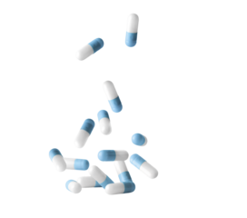 Falling blue white capsules on white background.