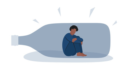 Male alcohol dependence. Black man in a bottle. Mental health issue, addiction. Flat vector illustration.