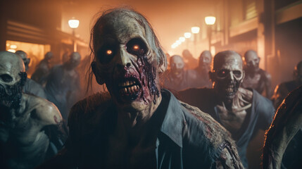 Halloween Zombies with Horror Background A Doomsday and Plague Scenario - obrazy, fototapety, plakaty