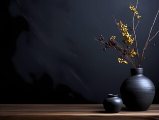 Front facing black background with flower vases on a table top with editorial space. 