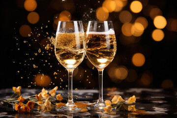 Two glasses of champagne over blur spots lights background. Celebration concept.