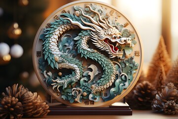 Chinese dragon wooden clock with paper sculpture figure on table with pine and fir cones in New Year design.
