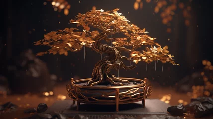 Foto auf Acrylglas Złote drzewko bonsai japoński symbol szczęścia i dostatku w złotej doniczce z czarnymi kamieniami Golden bonsai tree Japanese symbol of happiness and abundance in a golden pot - AI Generated © Tomasz