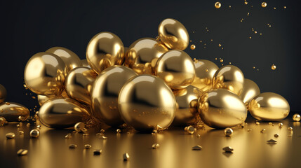 złote metaliczne krople, balony, świętowanie, uroczystość, jubileusz na czarnym tle - golden metallic drops, balloons, celebration, celebration, anniversary on black background - AI Generated