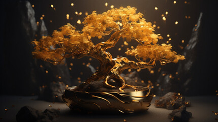 złoty bonsai japońskie drzewko szczęścia w złotej doniczce na czarnym tle powodzenie, bogactwo - golden bonsai japanese lucky tree in golden pot on black background good luck, wealth - AI Generated