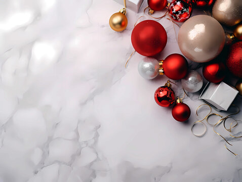 Top view background white marble countertop christmas baubles and ribbon with editorial space. 