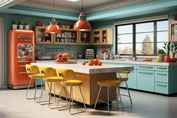 Fototapeten Interior of spacious pop art inspired light kitchen with pop art furniture and pop art portrait in light apartment © Tjeerd