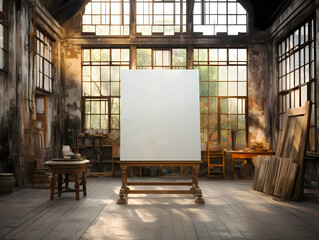 Large empty canvas in an old industrial loft studio with a large wall of glass windows, wood floor,  and paint supplies. 