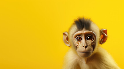 Cute monkey on vivid yellow backdrop; perfect for ads and marketing. Striking and playful imagery.