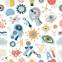Technology seamless pattern with Hand Drawn Neural Networks - 648957795