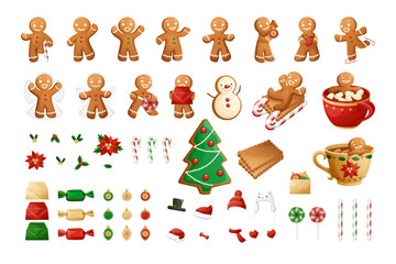 Gingerbread Man Christmas Cookies Character Builder With Christmas Decorations And Accessories.