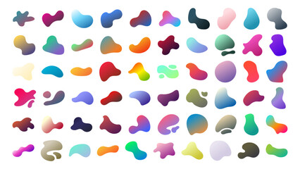 Set of gradient blob liquid elements. Fluid blob gradient elements. Liquid shapes, round abstract elements. Blotch shapes in neon colors. Simple water forms. Vector illustration