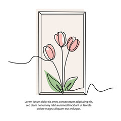 One line tulip flower poster drawing with a beautiful frame. Abstract minimal continuous line wall decor.