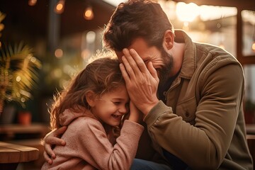 Fototapeta premium A little daughter playing with her father laughing with a beautiful light.
