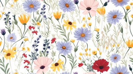 Vintage floral seamless pattern, essence of a cottage garden, mix of wildflowers, daisies, lavender, and poppies