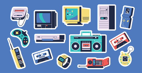 Set Of Stickers with Vintage Electronic Gadgets, Showcasing Nostalgic Technology From A Bygone Era. Vector Patches
