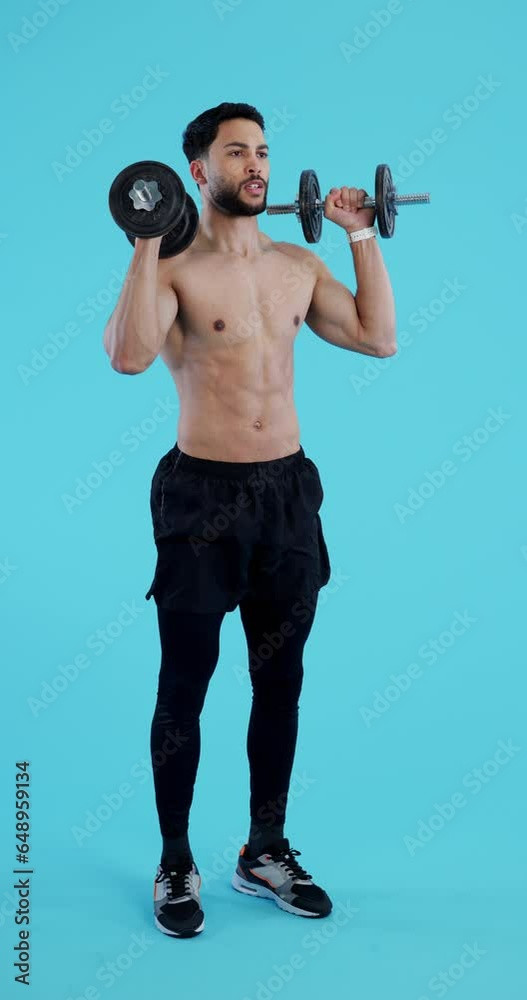 Sticker Training, workout and man with dumbbell and exercise for healthy mindset, body and benefits. Personal trainer, person and athlete on blue background for wellness, muscle and cardio in studio for abs