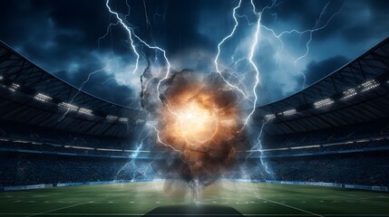 Un ballon de football foudroy&eacute; dans un stade, g&eacute;n&eacute;r&eacute; par IA