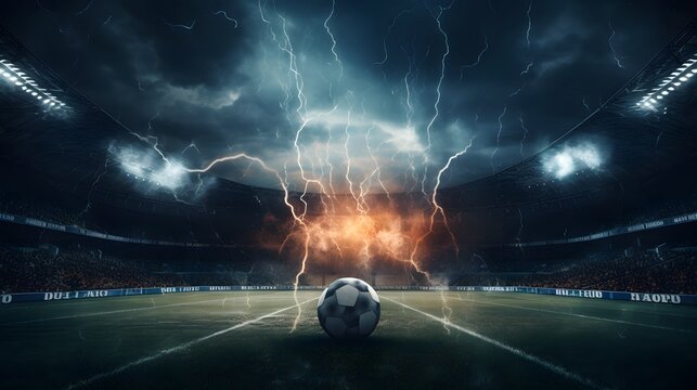 Un ballon de football dans un stade, g&eacute;n&eacute;r&eacute; par IA