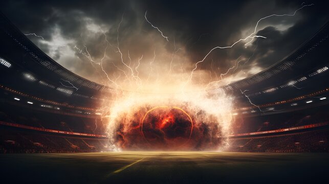 Un ballon de football dans un stade qui explose, g&eacute;n&eacute;r&eacute; par IA