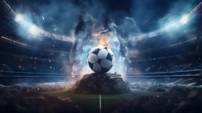 Un ballon de football dans un stade, g&eacute;n&eacute;r&eacute; par IA